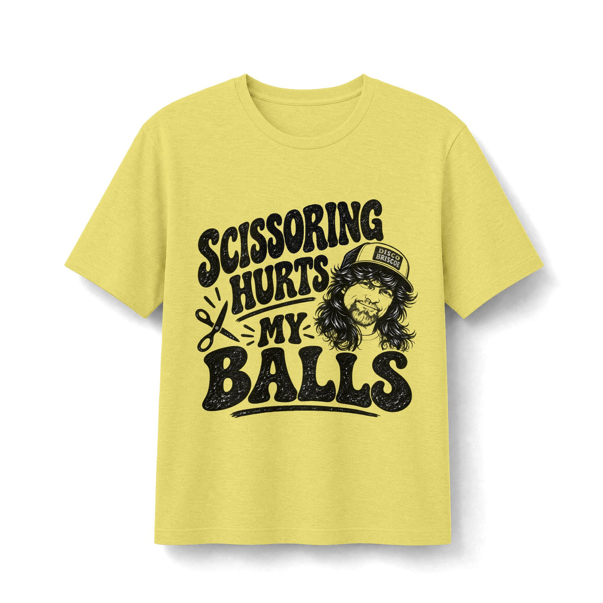 Disco Brisco Scissoring Hurts My Balls Graphic Tee — Funny Retro Barber T-Shirt