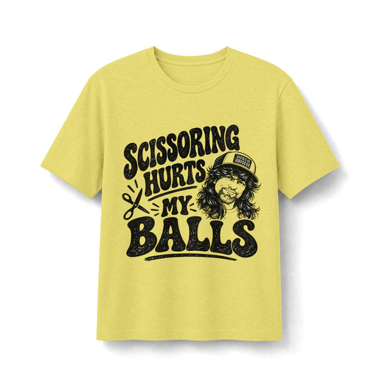 Disco Brisco Scissoring Hurts My Balls Graphic Tee — Funny Retro Barber T-Shirt