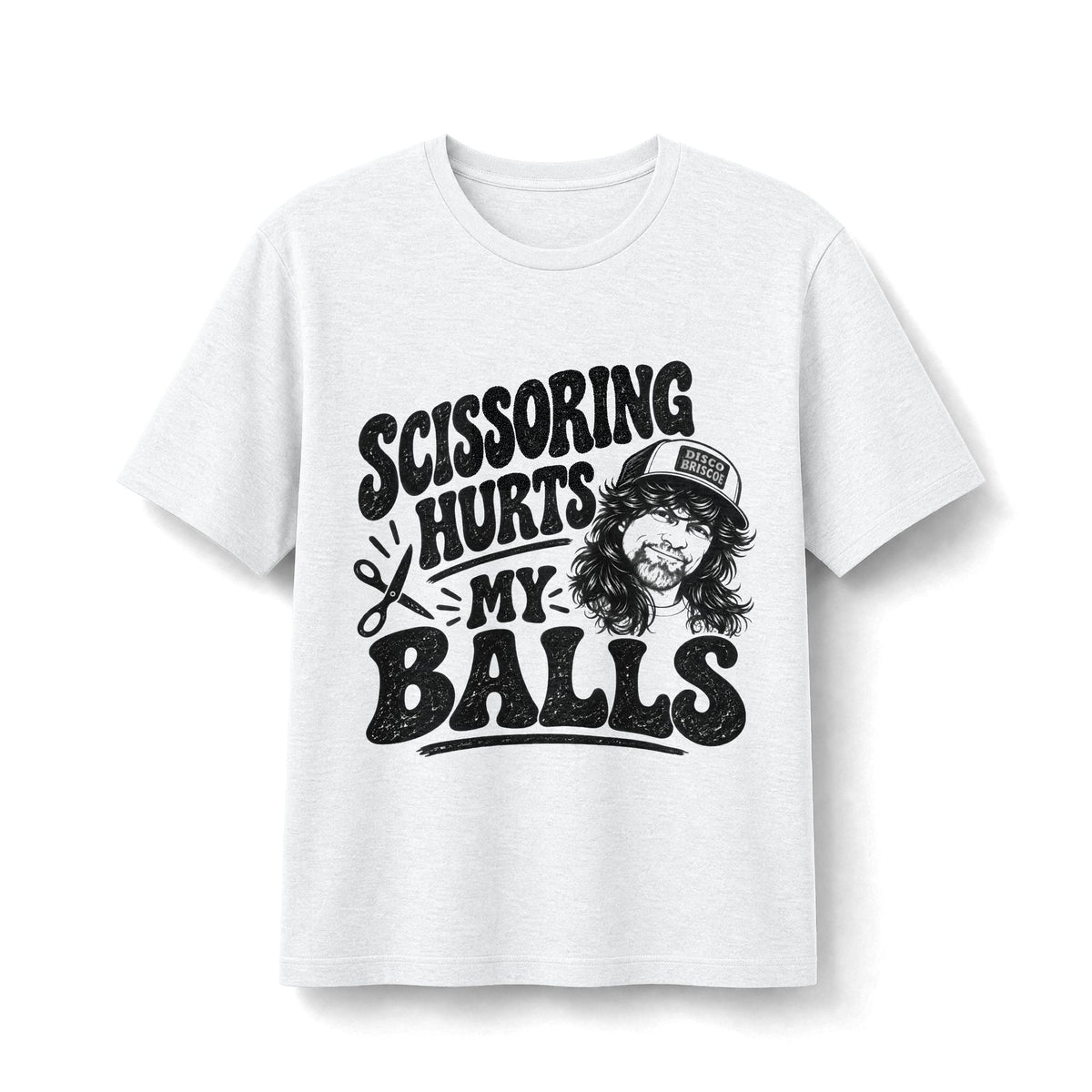 Disco Brisco Scissoring Hurts My Balls Graphic Tee — Funny Retro Barber T-Shirt